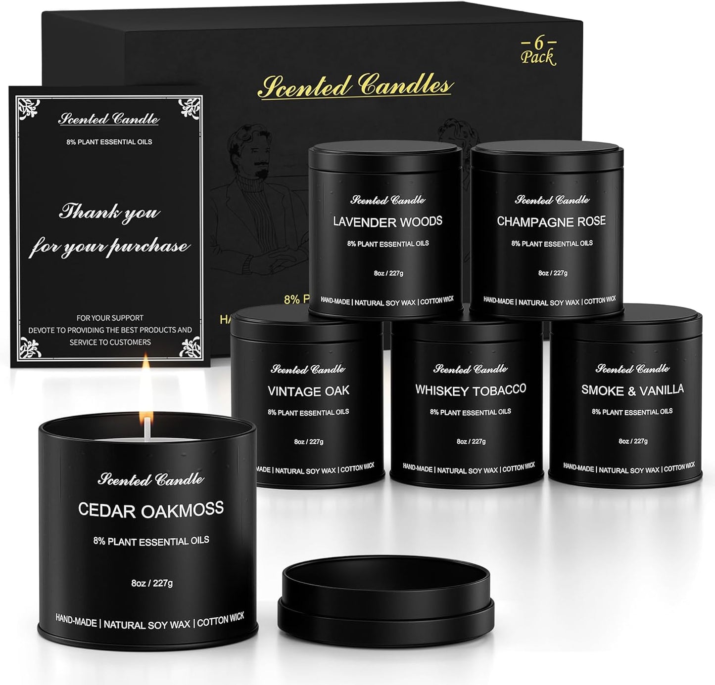 Luxury Scented Candles for Men Gift Set - 6 Pack x 8oz Natural Soy Wax Candles, Masculine Aromatherapy Candles with Essential Oils, Long Lasting Strong Scented Candles for Home, Father's Gifts