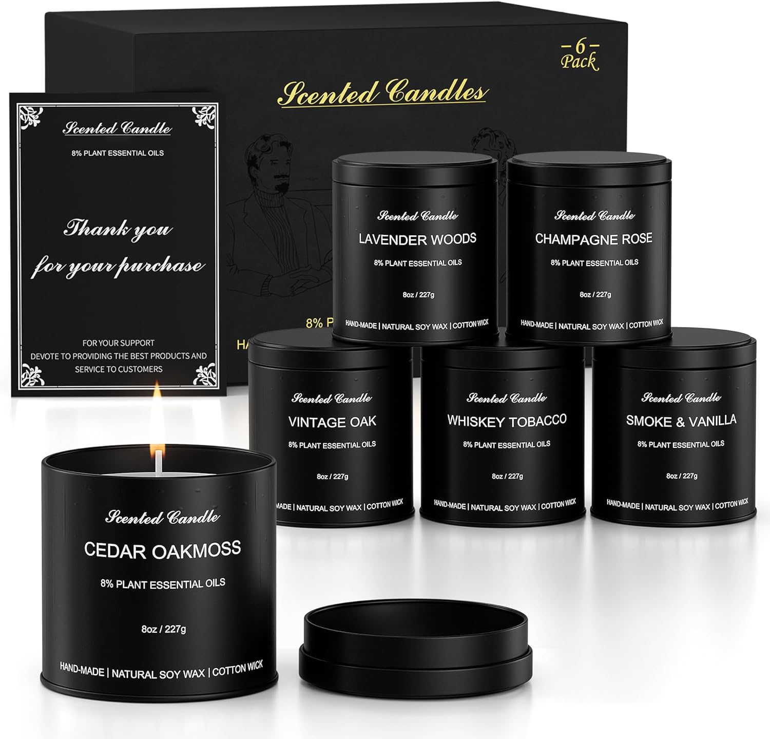 Luxury Scented Candles for Men Gift Set - 6 Pack x 8oz Natural Soy Wax Candles, Masculine Aromatherapy Candles with Essential Oils, Long Lasting Strong Scented Candles for Home, Father's Gifts