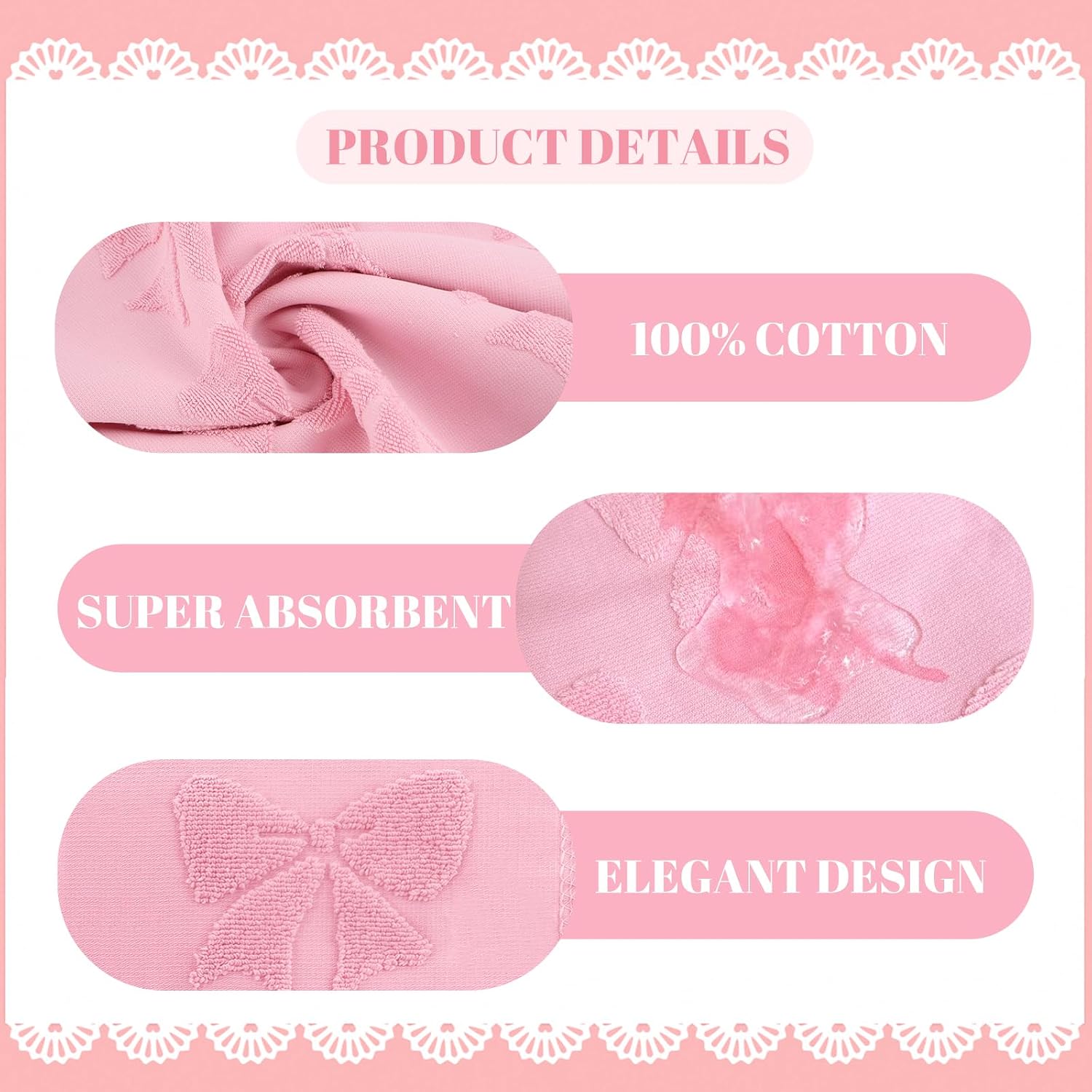 NZNDB 4 Pack Cotton Towel Set, Contains 2 Hand Towels 14x30in & 2 Wash Coths 14x14in, Pink Soft Bathroom Bow Towel Set, Highly Absorbent & Lightweight, Preppy Bath Decor Wedding Gift