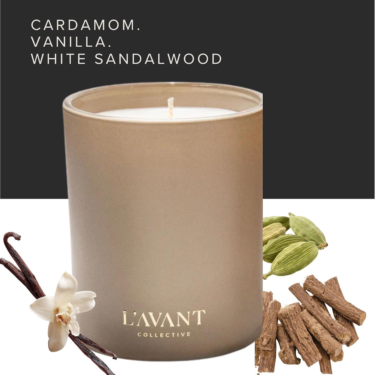 L'AVANT Collective Luxury Scented Candle | Clean-Burning Soy & Coconut Wax, Non-Toxic, 40 Hour Burn Time | Home Decor Candle in Minimal White Jar, Gift Ready | 8 oz | Ambre Santal
