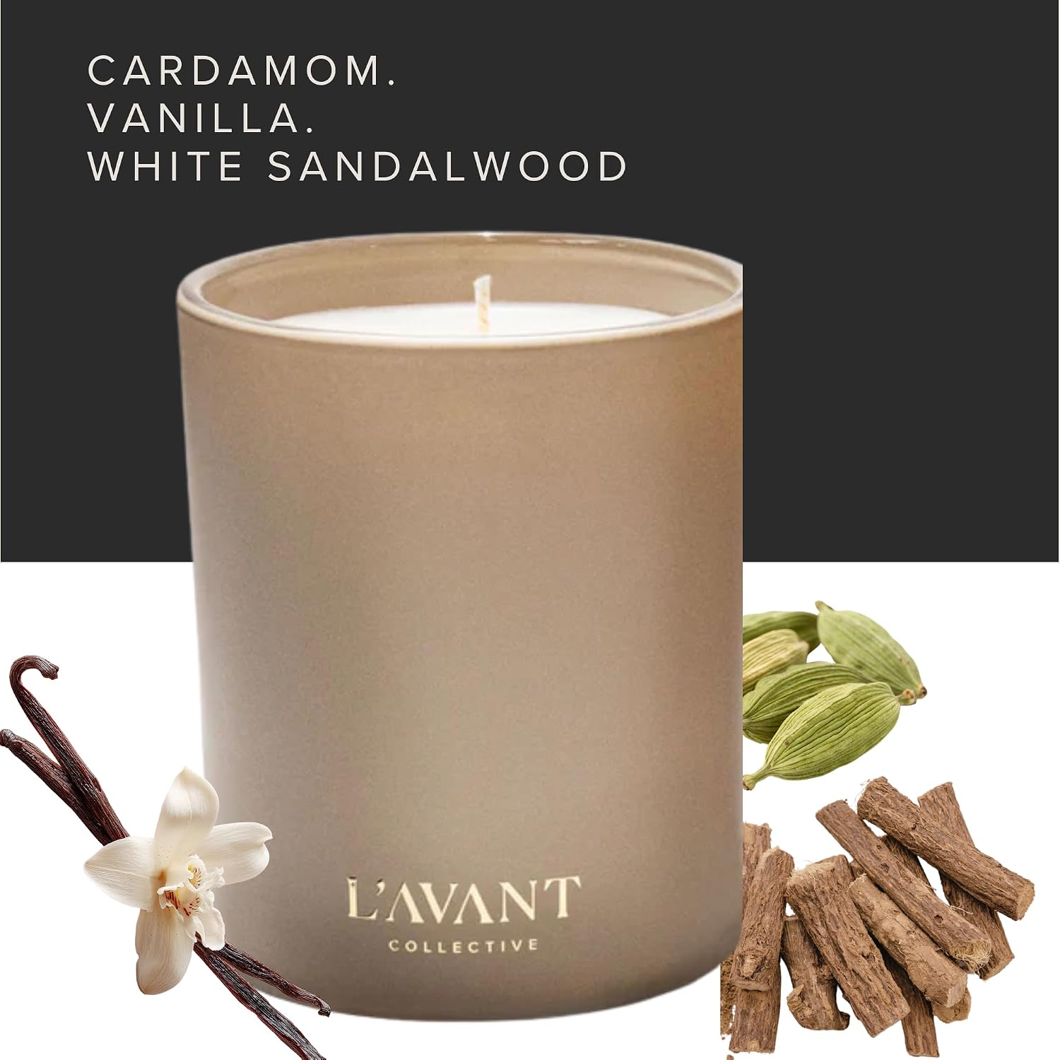 L'AVANT Collective Luxury Scented Candle | Clean-Burning Soy & Coconut Wax, Non-Toxic, 40 Hour Burn Time | Home Decor Candle in Minimal White Jar, Gift Ready | 8 oz | Ambre Santal