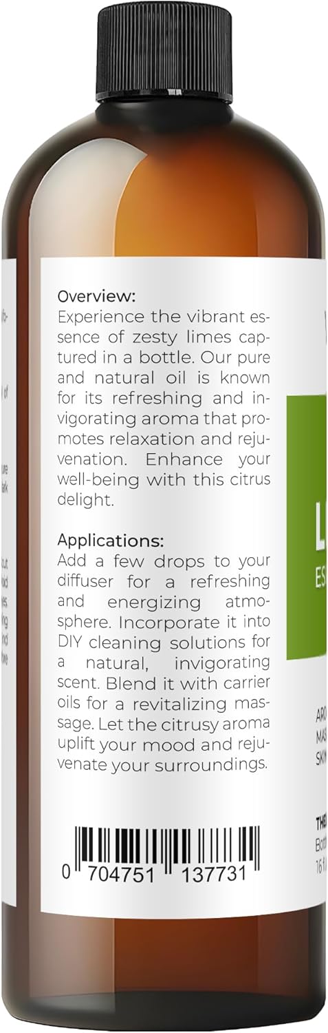 Lime Essential Oil by Velona - 16 Fl Oz | Therapeutic Grade 100% | for Aromatherapy Diffuser, Massage, Skincare, Haircare, Soapmaking | Undiluted and Multipurpose