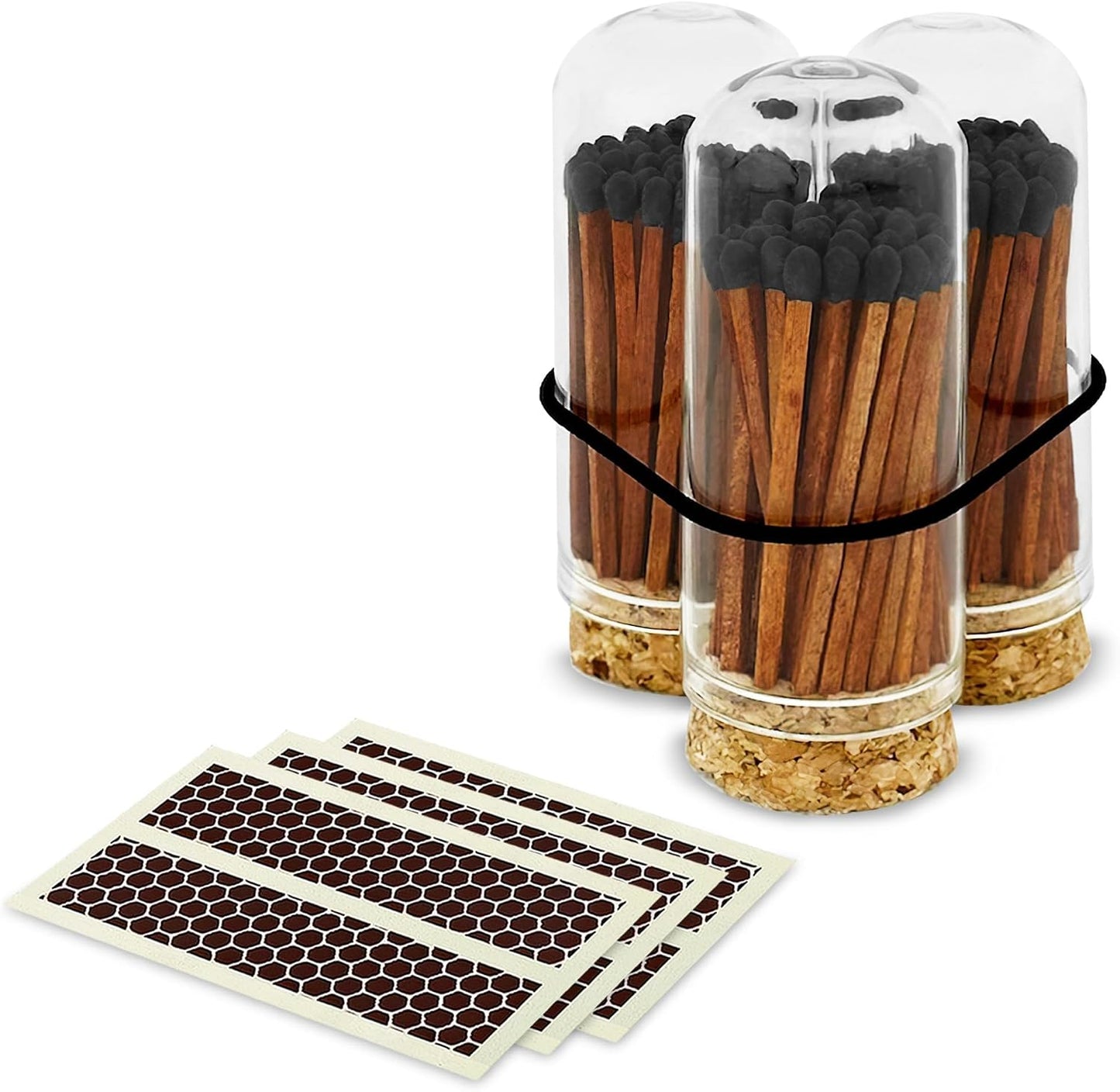 2" Espresso Matches in 3 Mini Cloche Jars + Striker Stickers Included | 100 Brown Stick Black Tip Decorative Matches with Glass Holders | Gifts, Home Decor, & Candle Accessories by Thankful Greetings