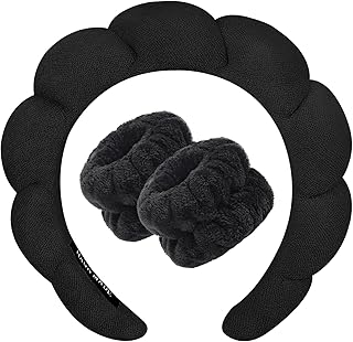 Zkptops Spa Headband for Washing Face Wristband Sponge Makeup Skincare Headband Terry Cloth Bubble Soft Get Ready Hairband for Women Girl Puffy Padded Headwear Non Slip Thick Hair Accessory(Black)