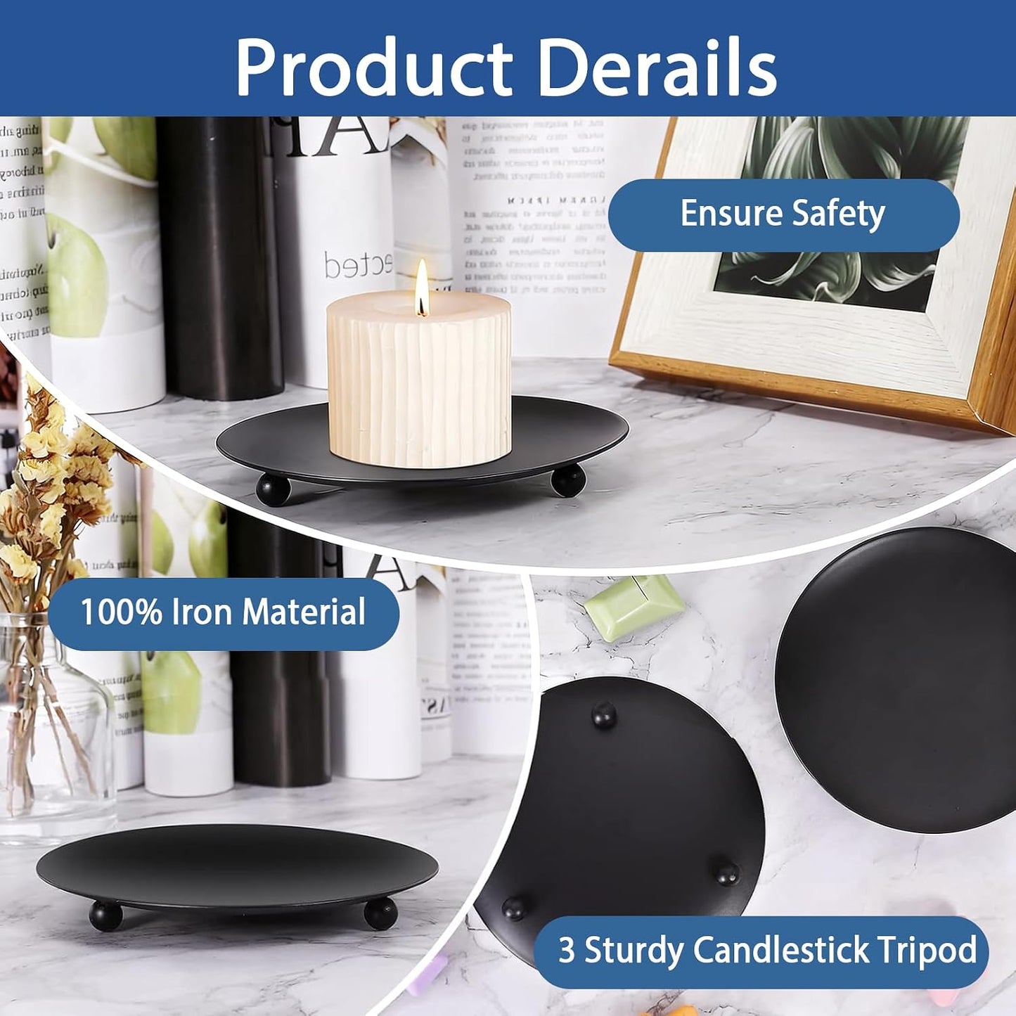 Jeffbaubl 8 PCS Iron Plate Candle Holder, 4 Inch Black Decorative Pillar and Taper Candle Stand, Metal Candlestick Holder for LED & Wax Candles, Wedding, Spa, Party, Dining