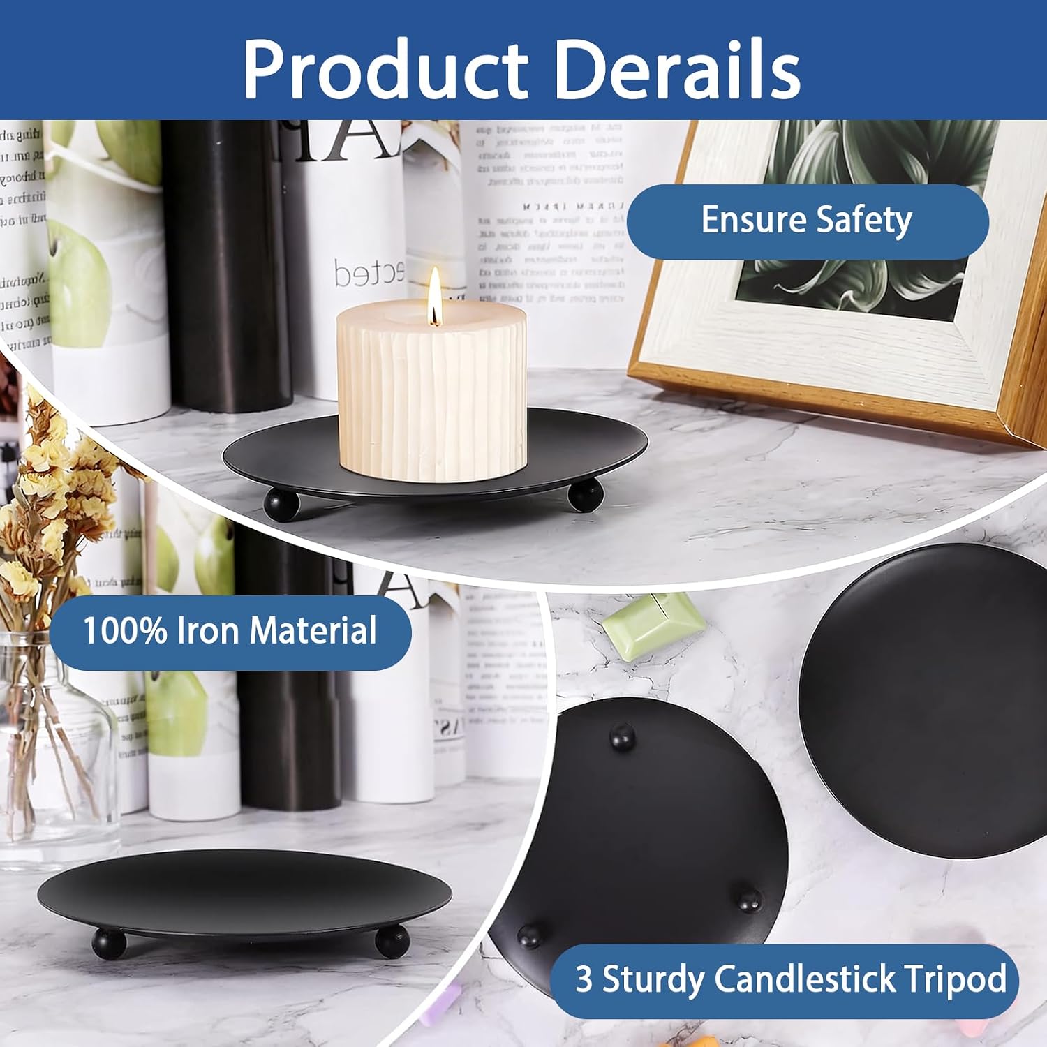 Jeffbaubl 8 PCS Iron Plate Candle Holder, 4 Inch Black Decorative Pillar and Taper Candle Stand, Metal Candlestick Holder for LED & Wax Candles, Wedding, Spa, Party, Dining
