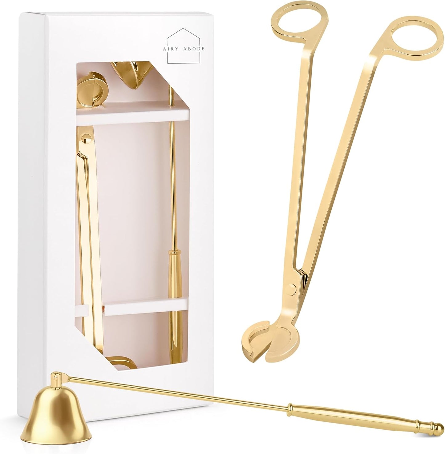 Airy Abode Candle Snuffer and Wick Trimmer Set, Bell Snuffer Gift Box, Stainless Steel Candle Care Accessory for Home Decor, Gold