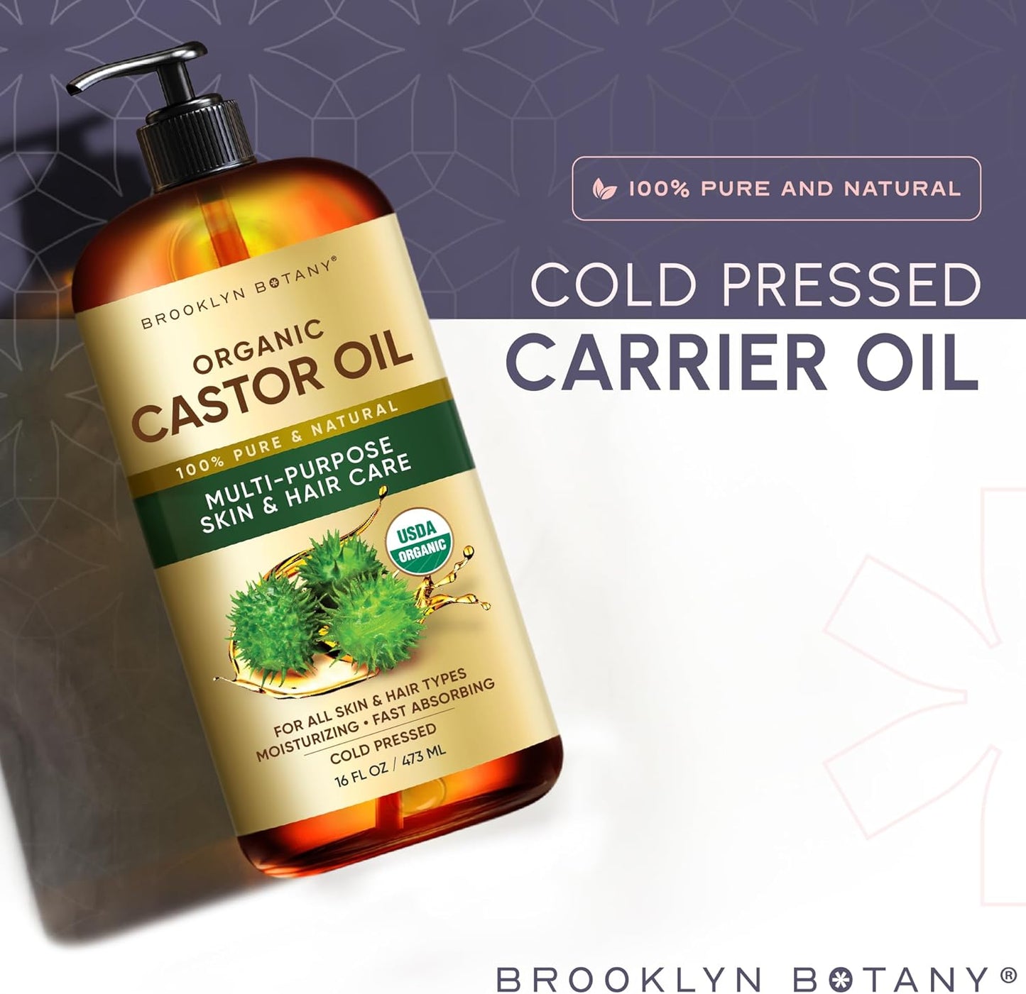 Brooklyn Botany Cold-Pressed Organic Castor Oil | 16 Fl Oz | Hair | Face | Body | 100% Pure and Natural | Carrier Oil | Aromatherapy | Massage | Ayurvedic Hair Care | Hexane-Free
