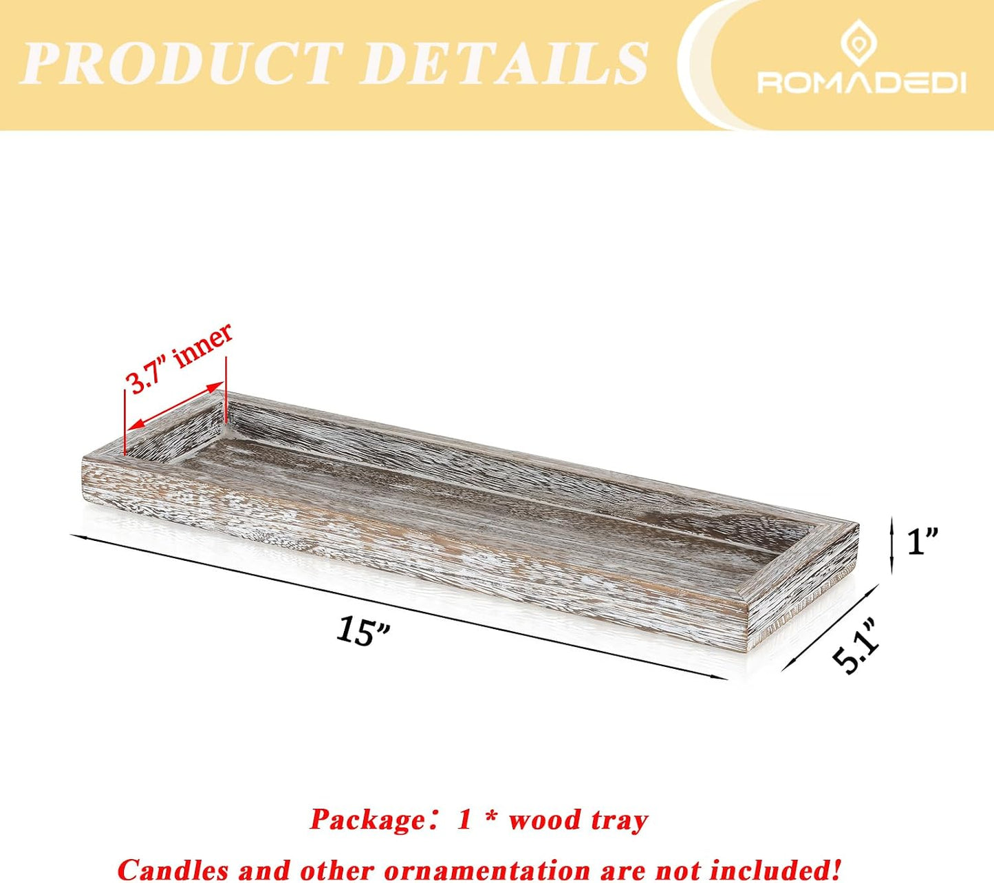 Romadedi Rustic Decorative Wood Candle Tray - 15" Wooden Long Narrow Tray Candle Holder, Farmhouse Small Trays for Coffee Table Centerpieces Dining Room Kitchen Countertop Home Decor, Whitewashed
