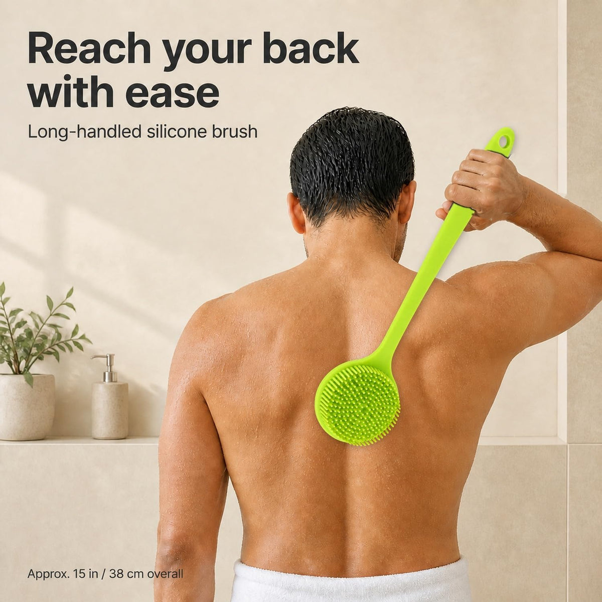 Silicone Back Scrubber for Shower, 15-Inch Long Handle Body Brush with Soft Bristles &amp; Massage Nodes, Dual-Sided Shower Scrubber for Back, Quick Dry