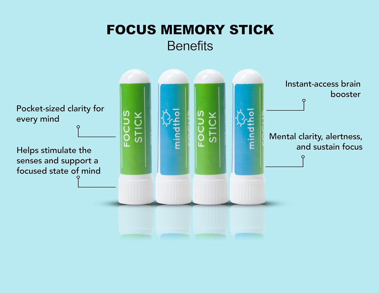 Focus Nasal Sticks (4 Pack) - Natural Mental Clarity & Concentration Aromatherapy Inhaler with Peppermint, Lemon, Rosemary & Frankincense