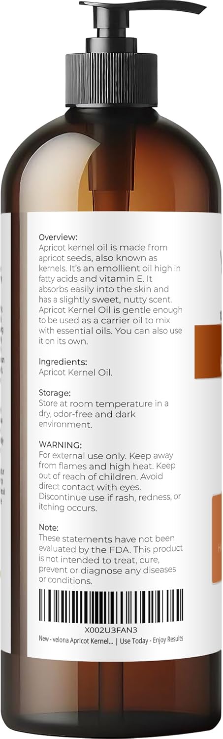velona Apricot Kernel Oil 16 fl oz | 100% Pure and Natural Carrier Oil | Refined, Cold Pressed | Hair, Body and Skin Care | Use Today - Enjoy Results