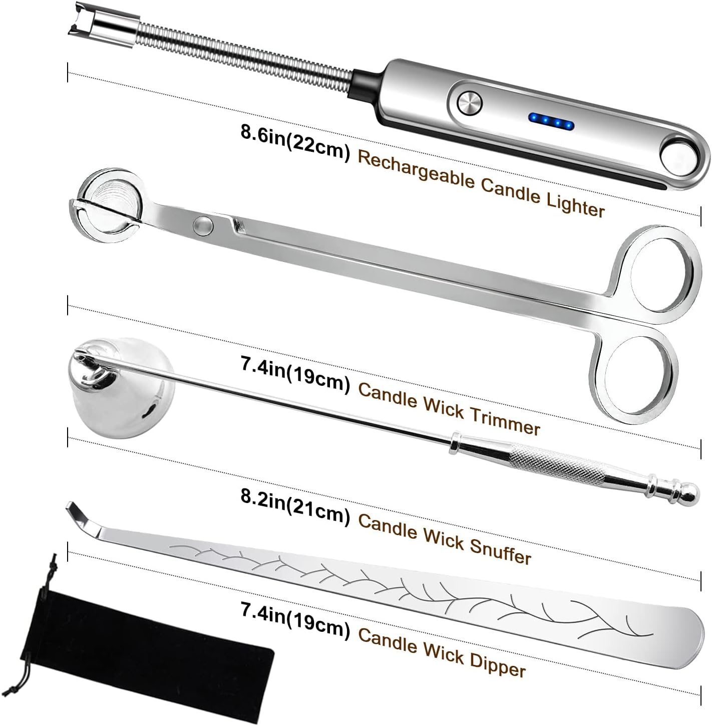 4 in 1 Candle Accessory Set, Electric Lighter, Wick Cutter, Snuffer and Dipper, Steel Wick Trimmer Set - Silver