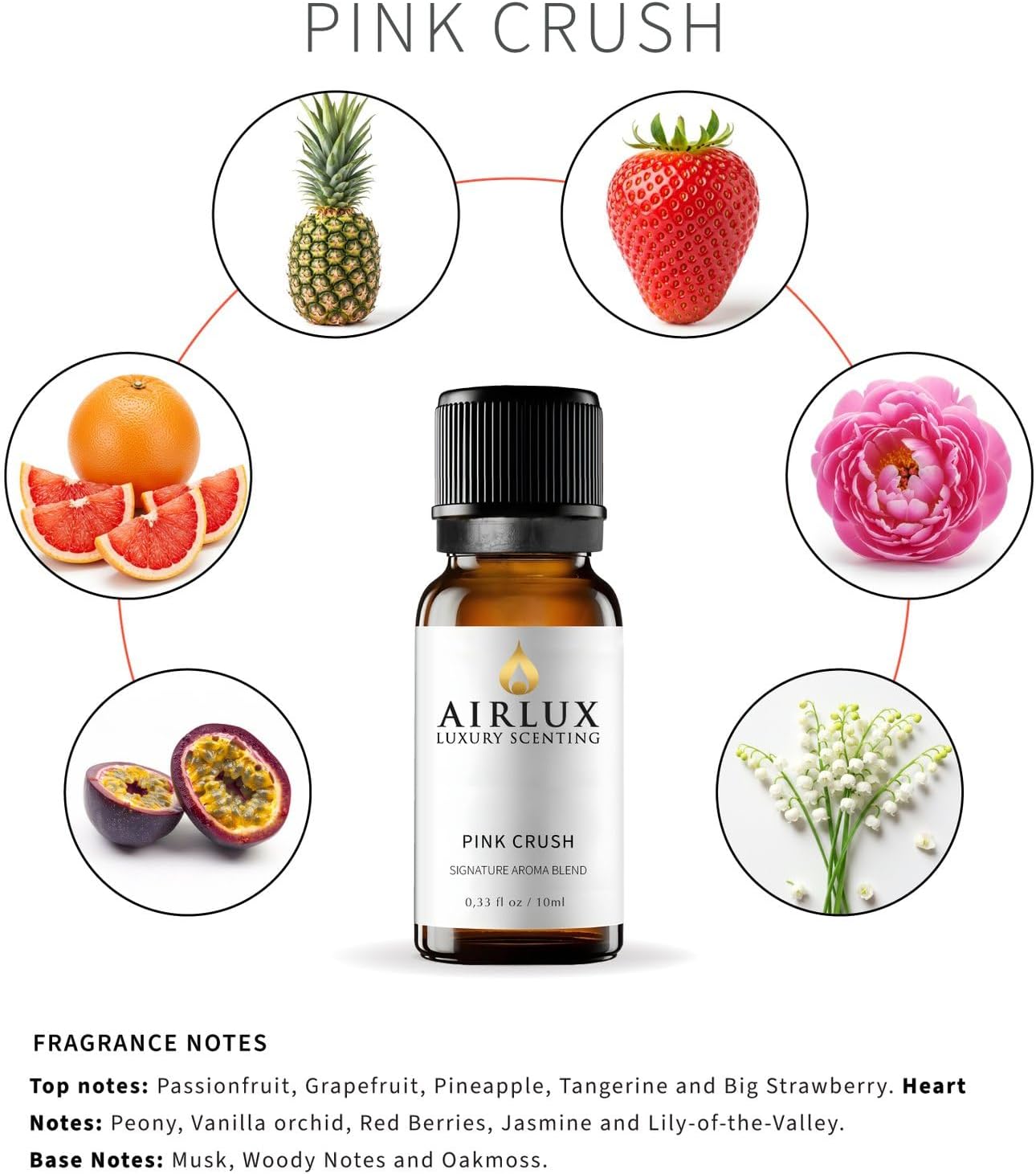 Signature Aroma Oil No. 39 Pink Crush – Passionfruit, Grapefruit, Pineapple – Aroma Oil for Cold Air & Waterless Diffusers and DIY Crafts – 10 mL, 0.34 fl oz Glass Bottle