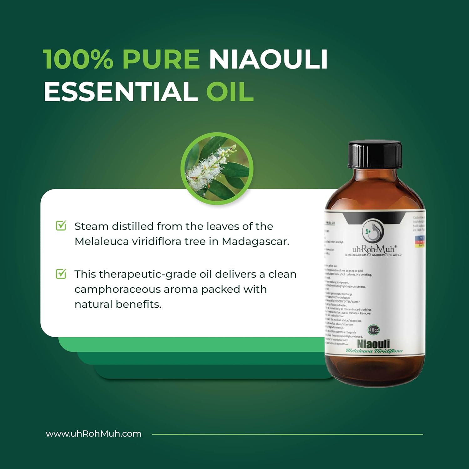 Niaouli Essential Oil – 100% Pure & Natural, Steam Distilled from Melaleuca viridiflora Leaves | Fresh Camphoraceous Aroma for Respiratory Support, Skincare & Diffusion | from Madagascar | 4 Fl Oz