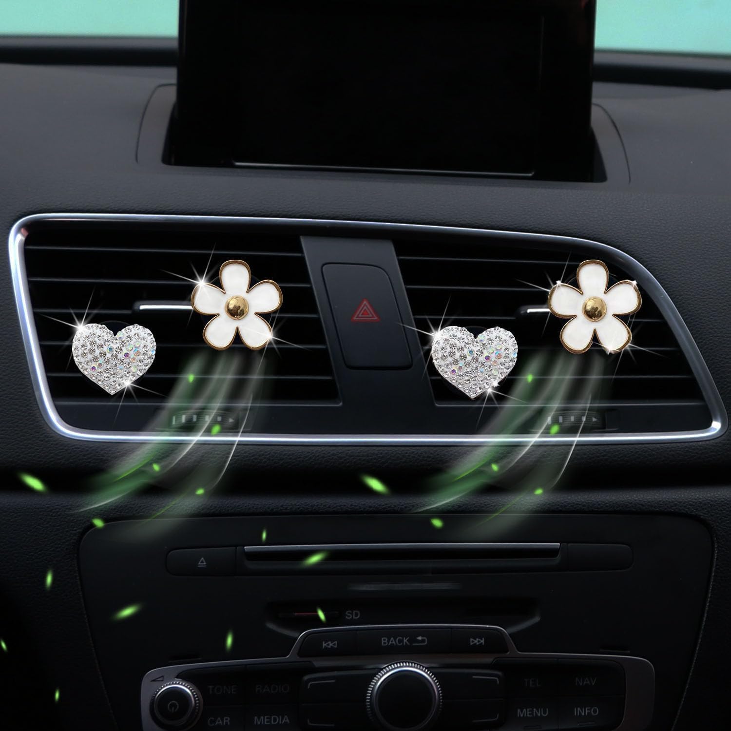 4PCS Car Air Vent Clips with Fragrance Pads, Cute Flower Car Air Fresheners Vents Clips Diamond Vent Clip Auto Interior Decor Charm Bling Auto Accessories Decoration for Women (White)