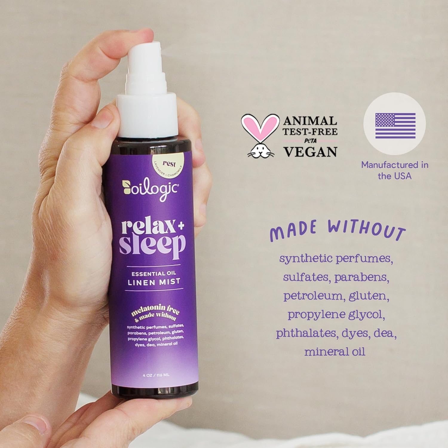 Oilogic Relax & Sleep Essential Oil Linen Spray - 100% Pure Essential Oils Promotes Restful Sleep, Comfort & Wellness - Aromatherapy Mist for Beddings, Pillows, Blankets, Pajamas & More, 4 Oz