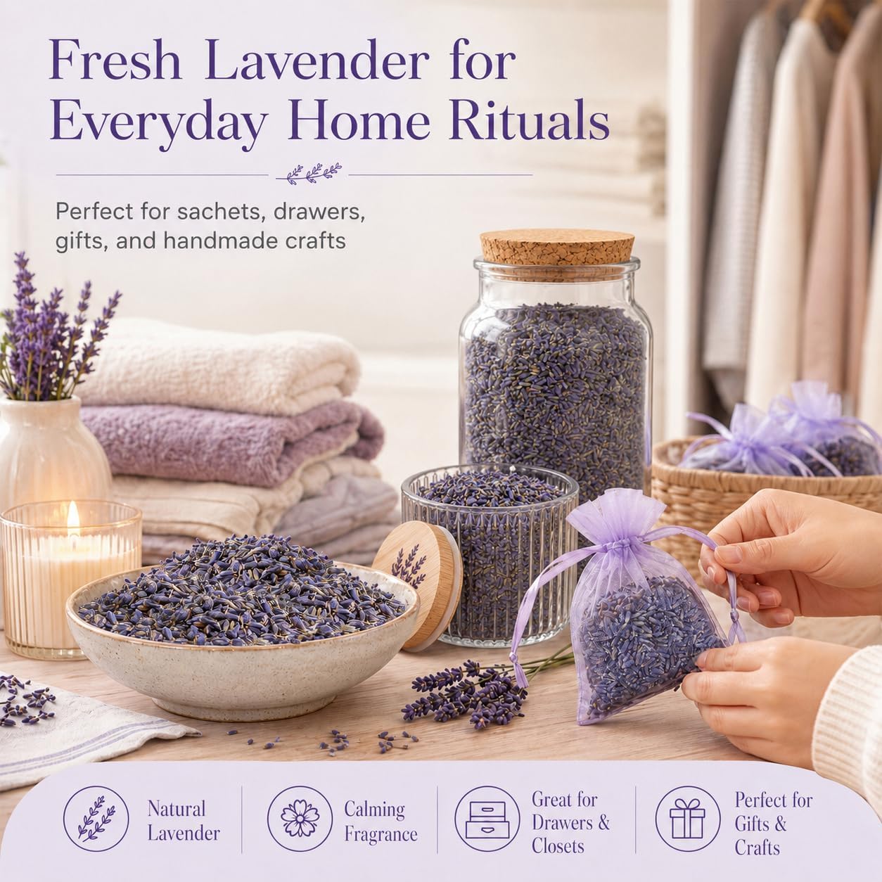 Sukh 3OZ Dried Lavender Flowers - Lavender Buds Sachets Bags for Drawers Closets Fresh Scents Lavenders Sachet Bags Dried Flowers for Patry Birthday Bridal Shower Organic Bulk