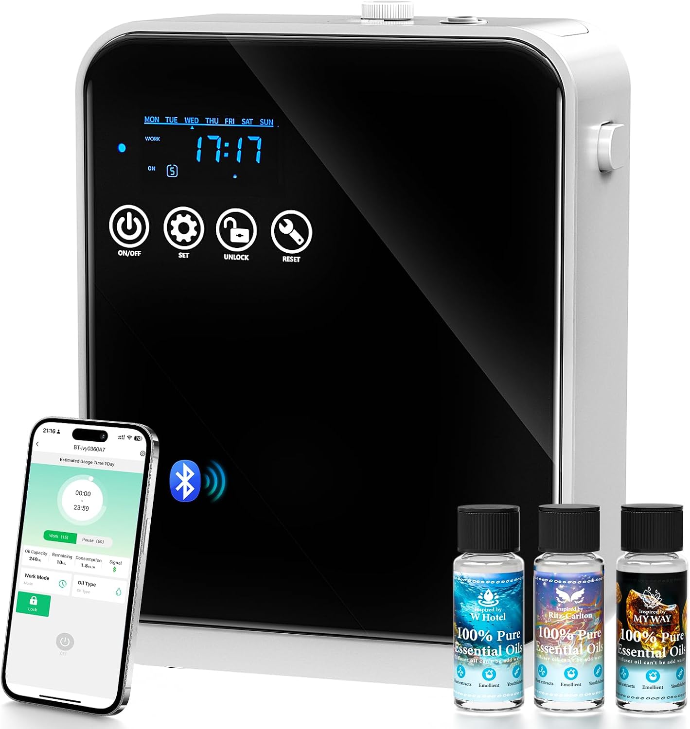 Waterless Essential Oil Diffuser,Home Hotel Aromatherapy Scent Diffuser,Whole House Oil Diffuser with APP Control & Touch Screen,1500 sq.ft Coverage,Adjustable Level & Auto Timer,Quiet,Father's Day