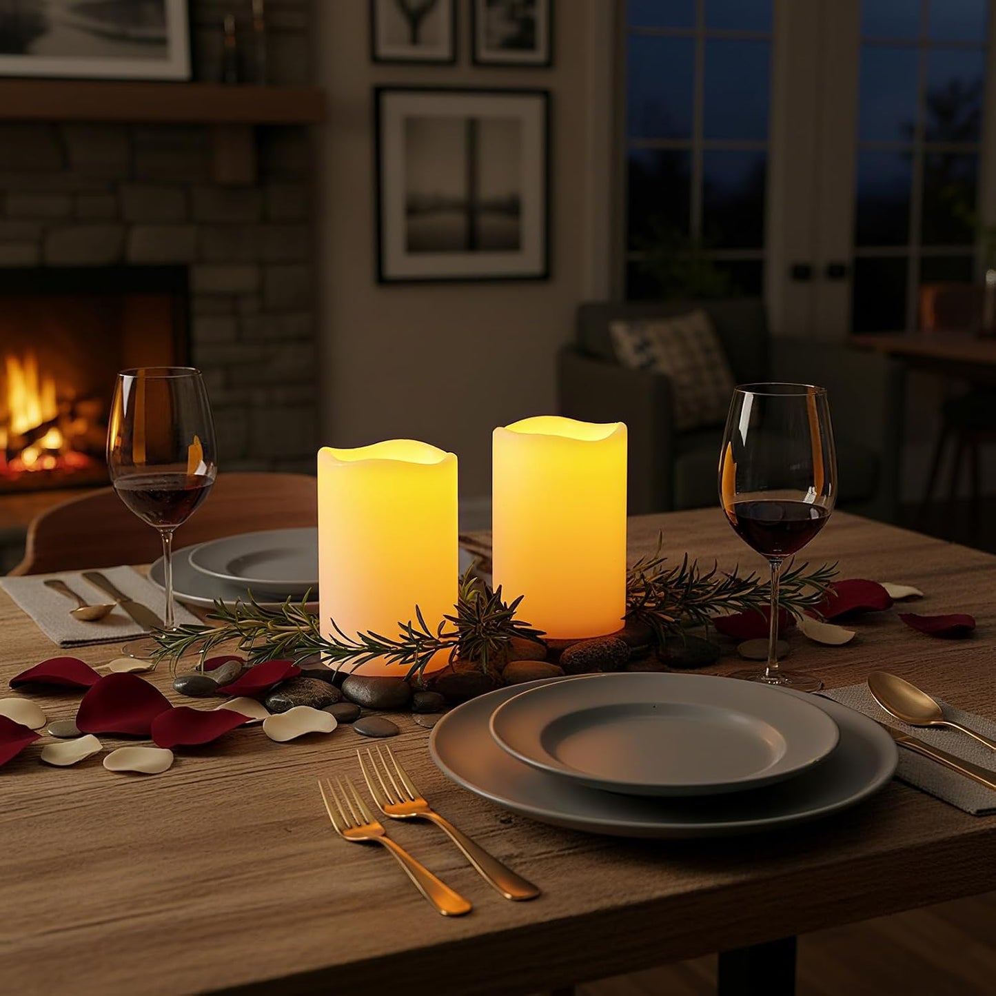Amagic 2 Pack 6" x 4" Outdoor Plastic Electric flameless Candles with Remote Control and Timer, Battery Operated Flickering LED Pillar Fake Candle for Home, Wedding Decor, Ivory