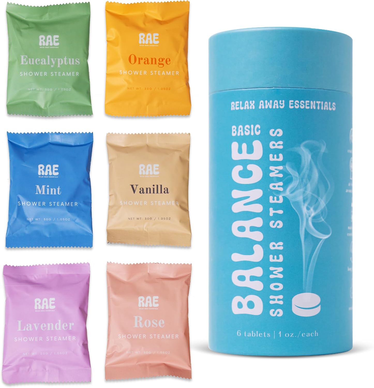 Relax Away Balance Shower Steamers 6 Pack - Aromatherapy Tablets - Essential Oils - Orange, Vanilla, Rose, Eucalyptus, Lavender, Mint - Spa-Like Shower Experience - Easy-Open Packaging