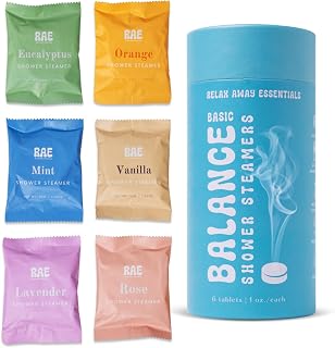 Relax Away Balance Shower Steamers 6 Pack - Aromatherapy Tablets - Essential Oils - Orange, Vanilla, Rose, Eucalyptus, Lavender, Mint - Spa-Like Shower Experience - Easy-Open Packaging