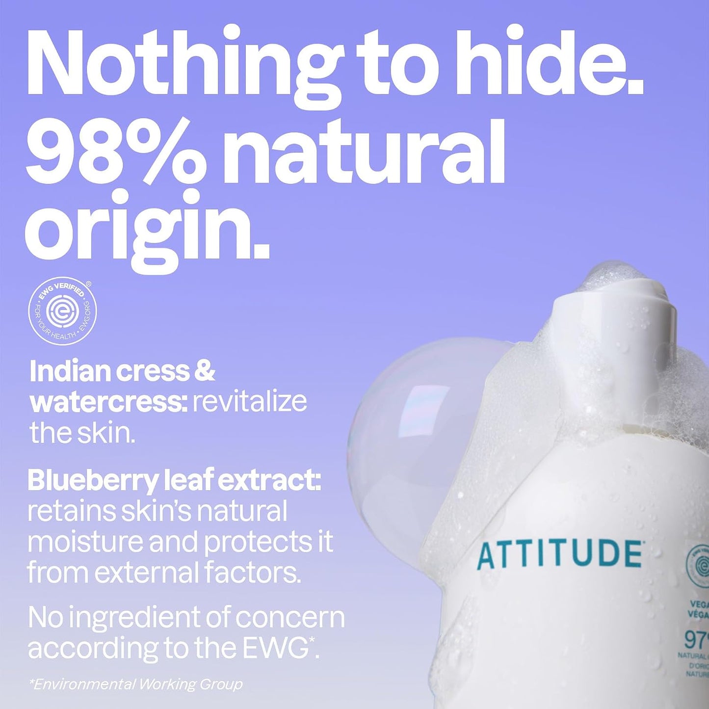 Attitude Bubble Bath, EWG Verified, Plant and Mineral-Based, Dermatologically Tested, Vegan Body Care Products, Extra Gentle, Unscented, 16 Fl Oz