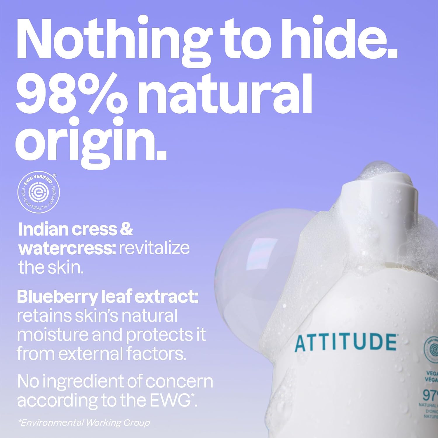 Attitude Bubble Bath, EWG Verified, Plant and Mineral-Based, Dermatologically Tested, Vegan Body Care Products, Extra Gentle, Unscented, 16 Fl Oz