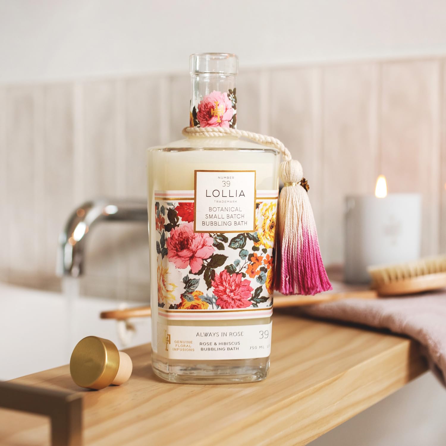 LOLLIA Always in Rose Bubble Bath, 25 fl oz / 750 ml, Rose & Hibiscus Scent, Luxury Hydrating & Soothing Bubble Bath for Women, Floral Home Spa, Glass Bottle