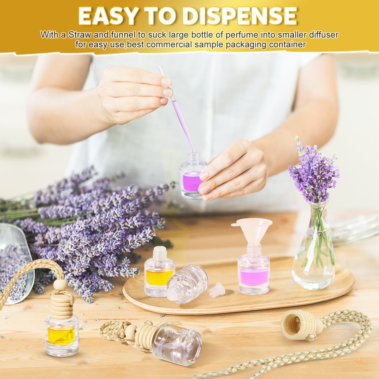 100 Pcs 8ml Hanging Car Air Freshener,Empty Clear Glass Essential Oil Diffuser Perfume Aromatherapy Pendant Bottle Vials Ornament Decor with Wooden Caps & Hanging String-Cylindrical Shape