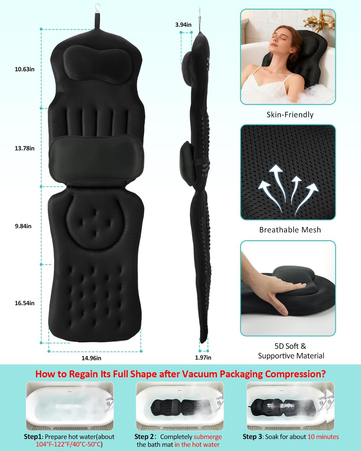 Full Body Bath Pillow for Bathtub, 5D Thick Tub Pillow for Bathtub with Movable Head, Neck & Lumbar Support, Laundry Bag & Hook, Bathtub Pillow for Post-Yoga Spa, Deep Relaxation(Black, 51"*15")