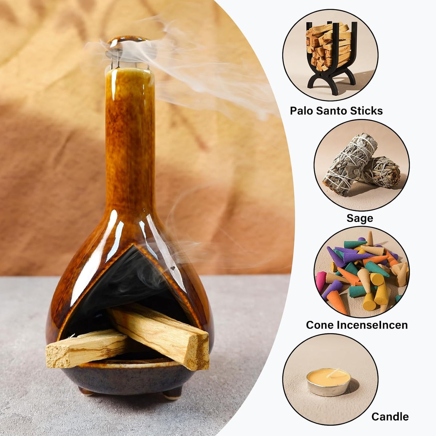 MOUGIGI Premium Ceramic Palo Santo Holder - Mini Chiminea for Sage & Incense - High-Temperature (1200°C) Cleansing Design for Energy Purification - Perfect for Yoga, Meditation, and Aromatherapy
