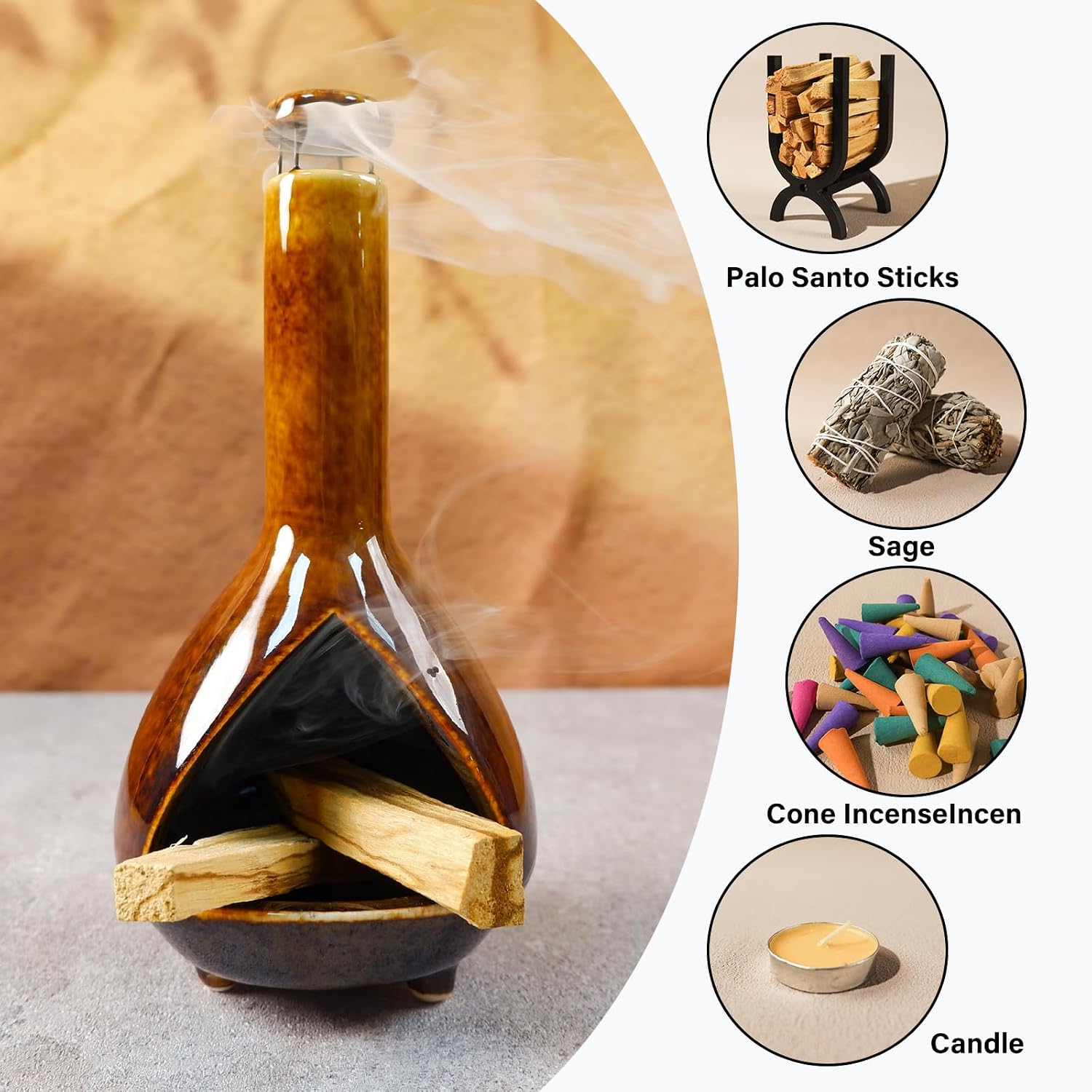 MOUGIGI Premium Ceramic Palo Santo Holder - Mini Chiminea for Sage & Incense - High-Temperature (1200°C) Cleansing Design for Energy Purification - Perfect for Yoga, Meditation, and Aromatherapy