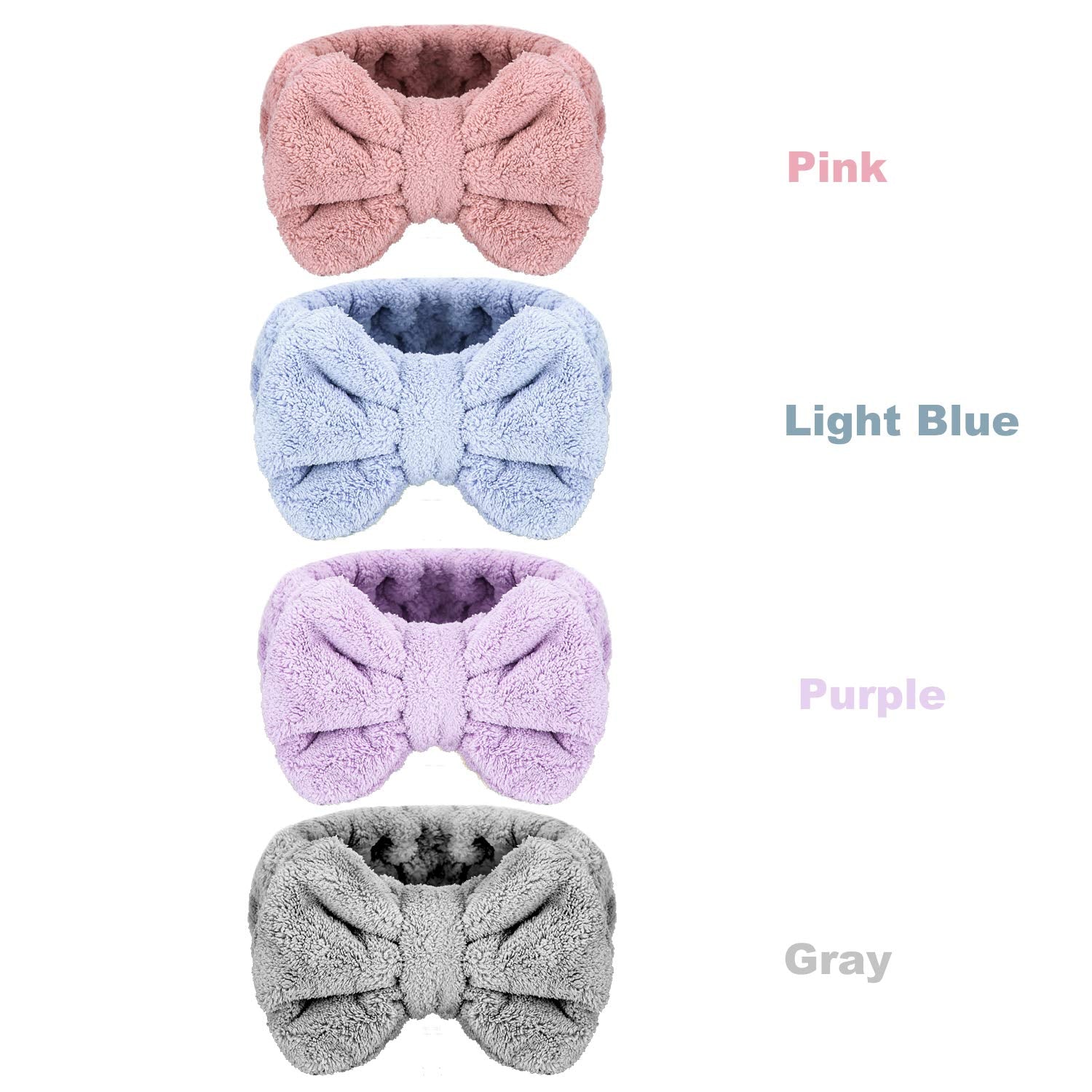Senkary 4 Pack Makeup Spa Headband Microfiber Bow Towel Soft Fluffy Washing Face Headband for Women Girls Shower Bath Skincare (Pink, Light Blue, Purple, Gray)