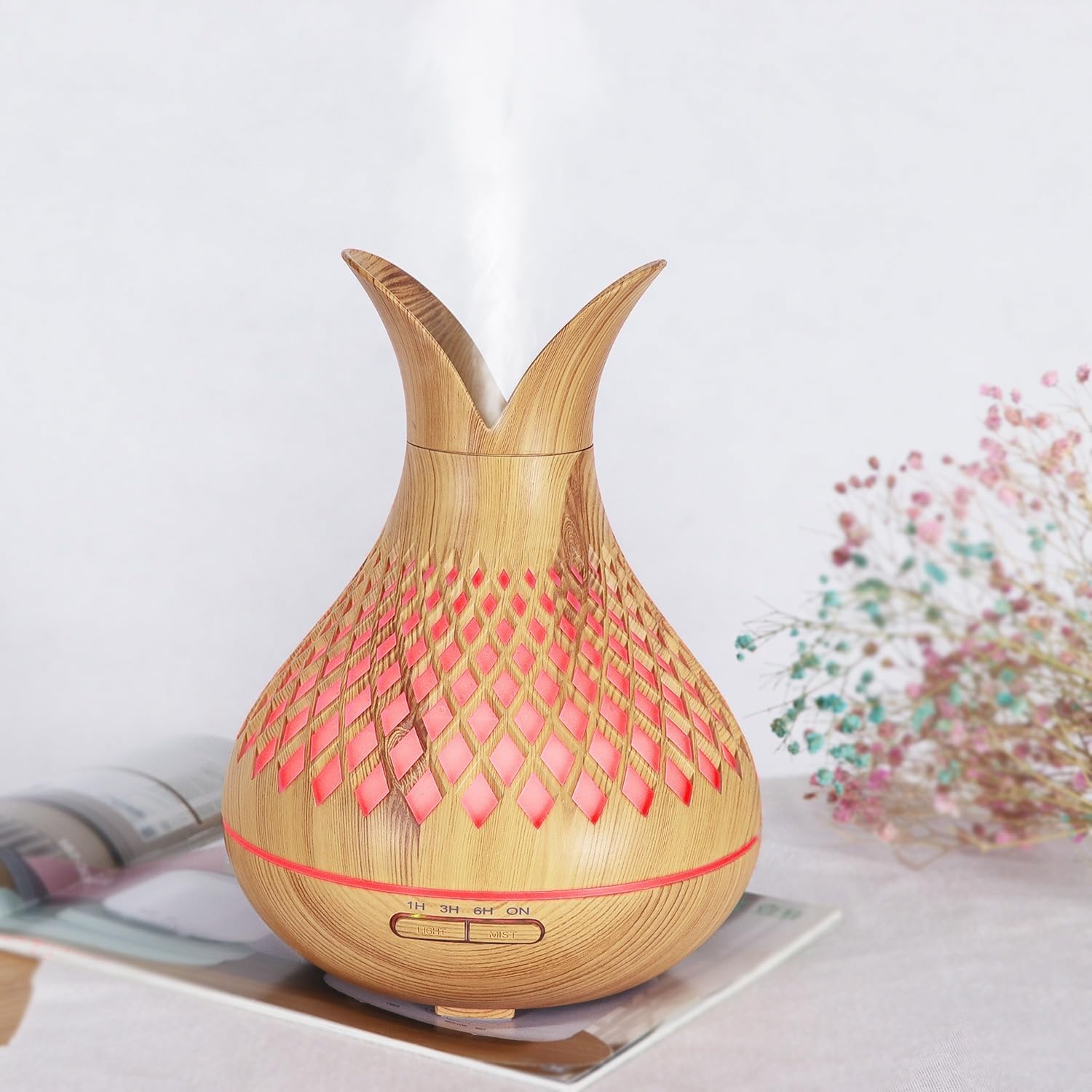 500ml Ultrasonic Aromatherapy Essential Oil Diffuser, Wood Grain Cool Mist Humidifier with Remote Control, Timer & 7 LED Colors Light for Bedroom Home Office