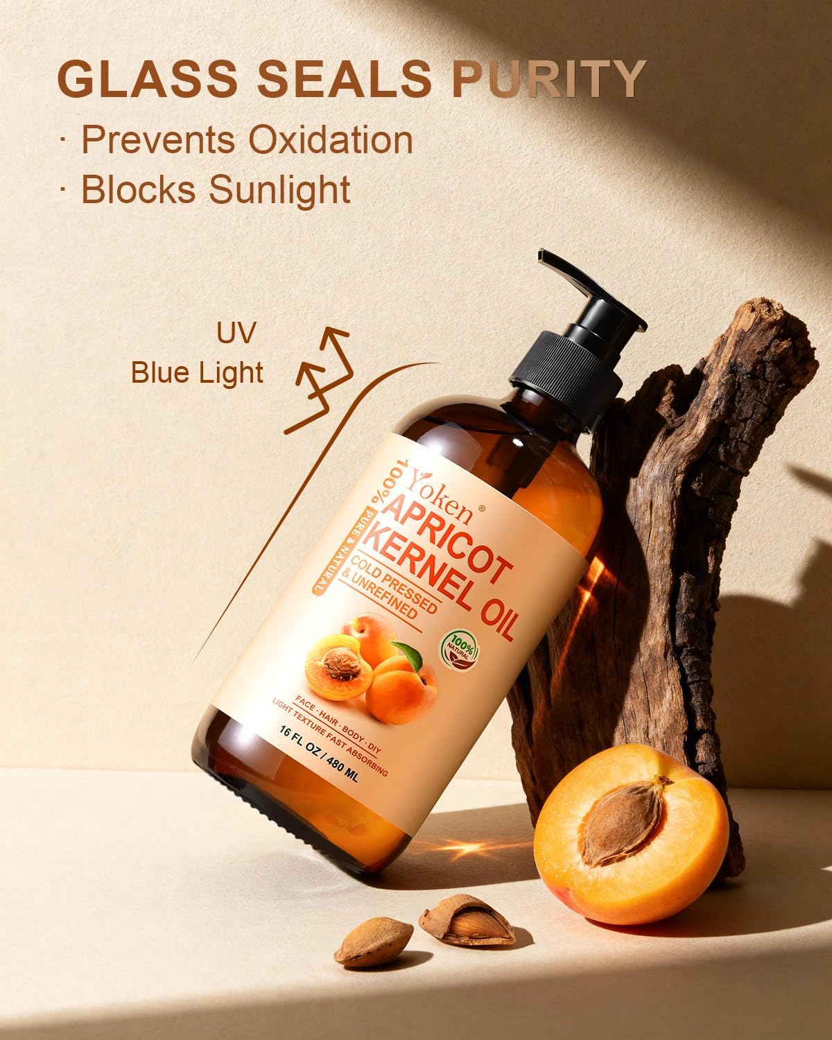 Yoken Cold Pressed Apricot Kernel Oil 16 fl oz Glass Bottle - Single Ingredient 100% Pure and Natural Apricot Oil, Lightweight Carrier & Massage Oil for Skin & Hair, Unscented & Hexane Free