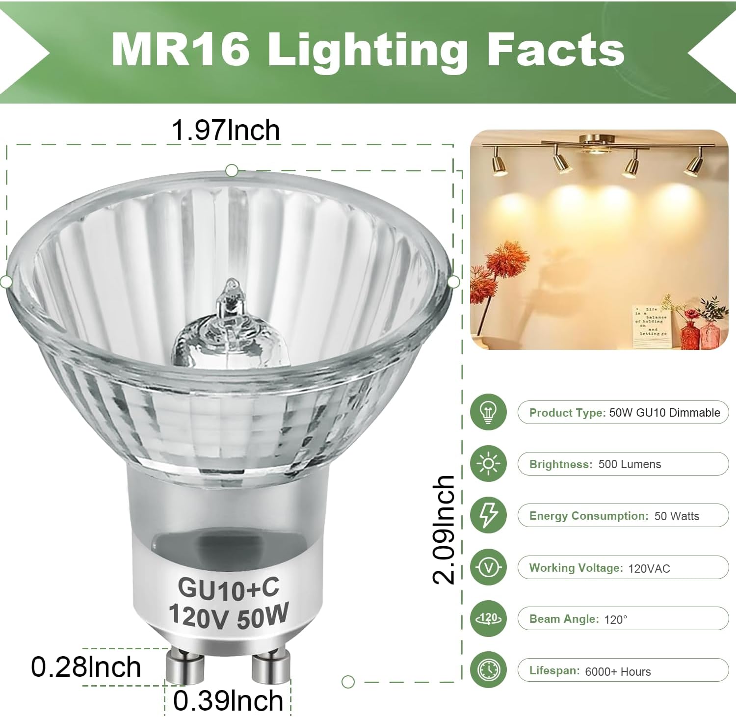 SerBion GU10 120V 50W Halogen Light Bulbs for Track and Range Hood, GU10+C Candle Warmer Lamp with Dimmable, 2700K Warm White, 6000+Hours Long-Lasting Pack of 6