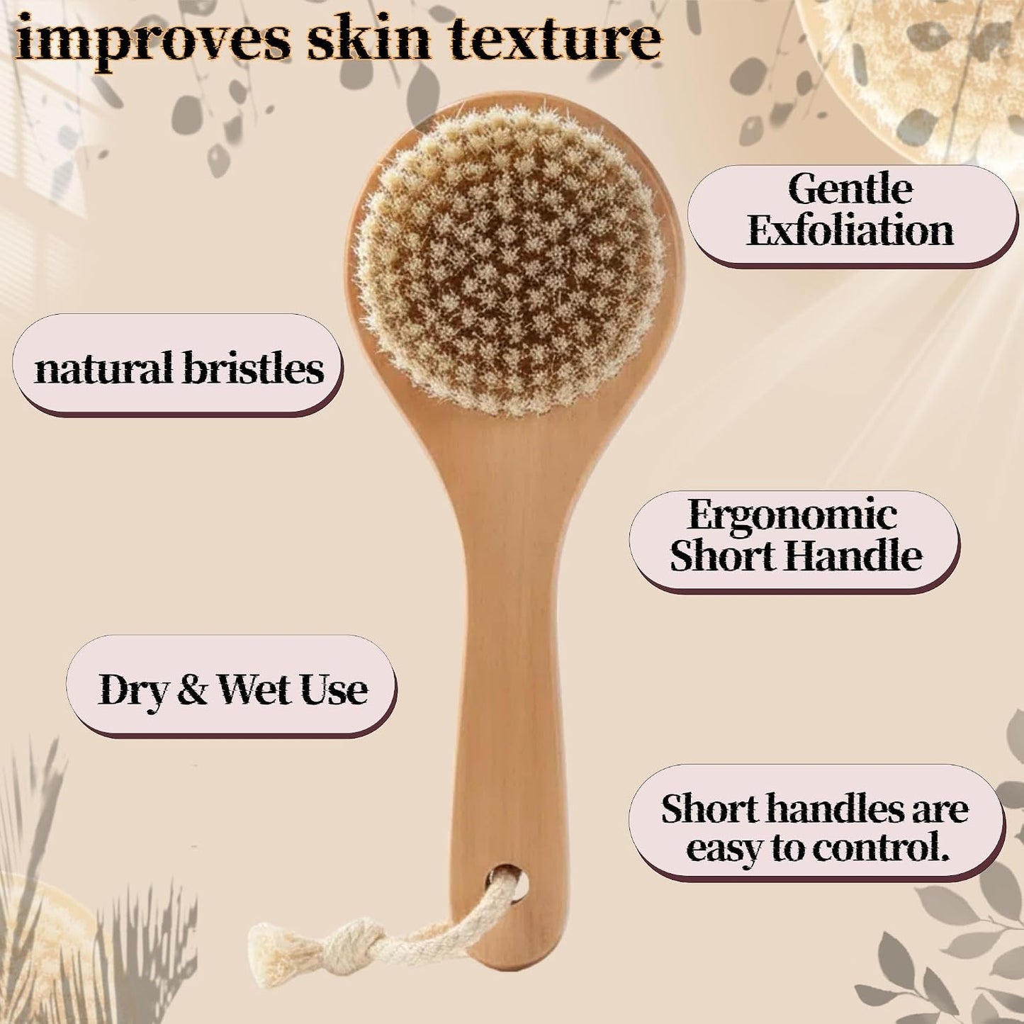 Natural Boar Bristle Body Brush – Lotus Wood Bath Brush for Dry Brushing & Exfoliation – Short Handle Shower Brush to Improve Circulation & Lymphatic Drainage