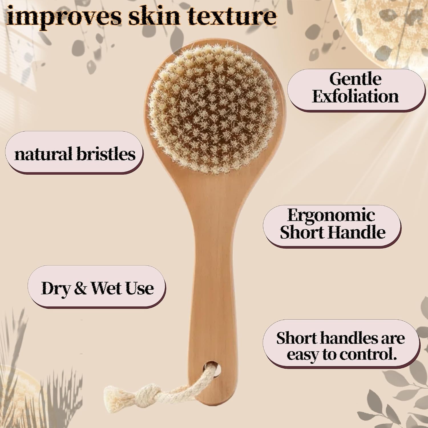 Natural Boar Bristle Body Brush – Lotus Wood Bath Brush for Dry Brushing & Exfoliation – Short Handle Shower Brush to Improve Circulation & Lymphatic Drainage