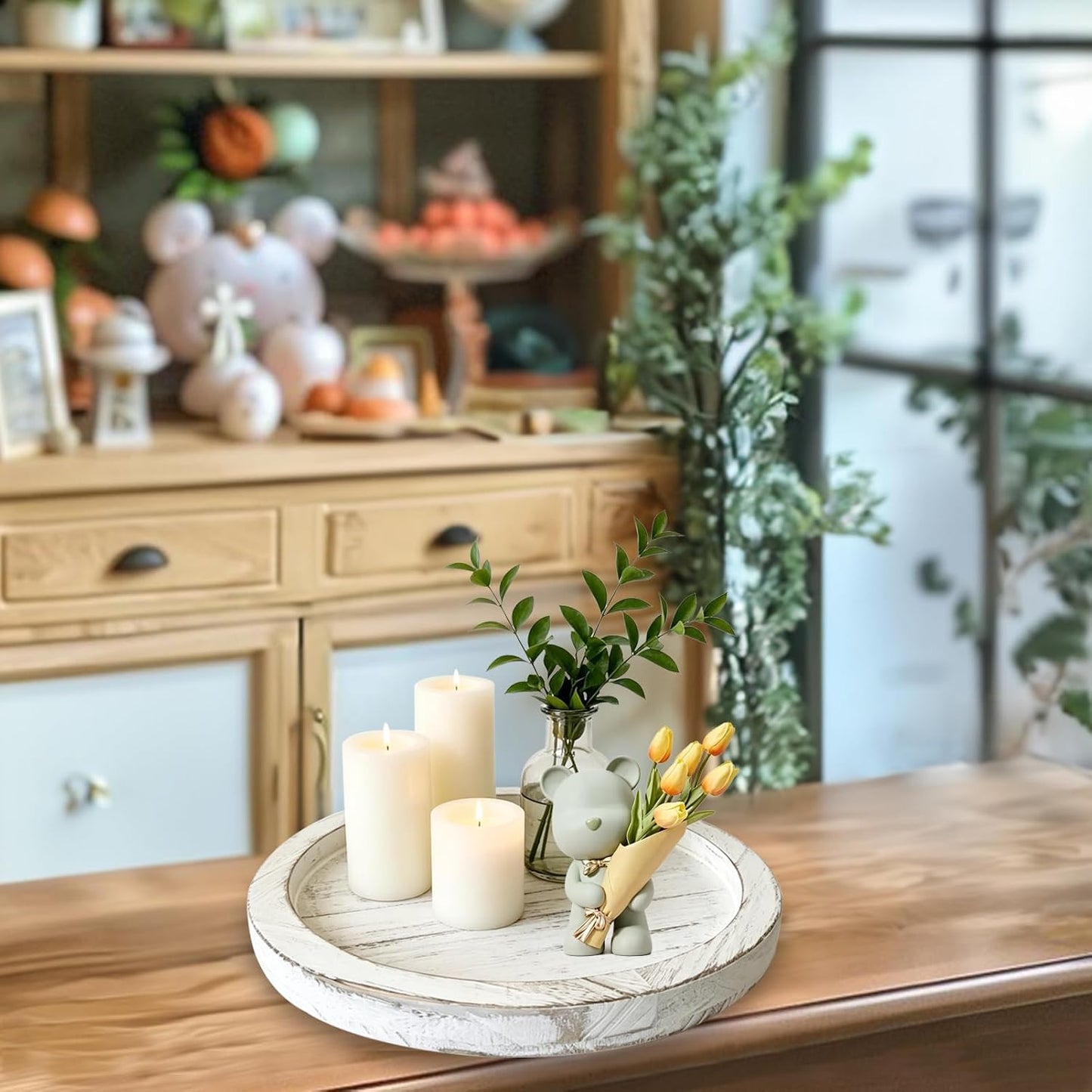 11 Inch Round Distressed White Paulownia Wood Candle Tray with 3 Small Sturdy Feet, Shabby Chic Farmhouse Decor for Coffee Table, Bathroom Vanity & Home Centerpieces