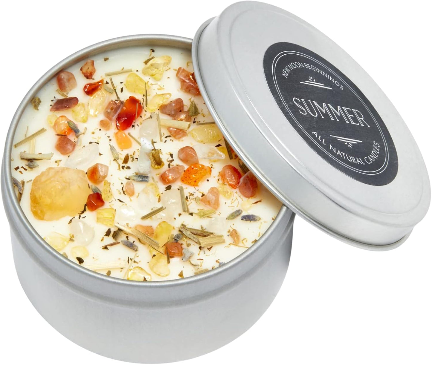 Summer Candle by New Moon Beginnings - Soy Candles - All Natural Aromatherapy Candle - Dried Herb, Flower, & Crystal Candles - Citrus Coconut Candle - 8 oz Tin