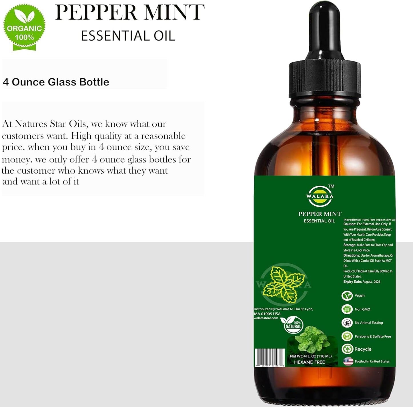 Peppermint Essential Oil - 4 oz | 100% Pure & Natural for Aromatherapy, Skin, Hair & Scalp Care