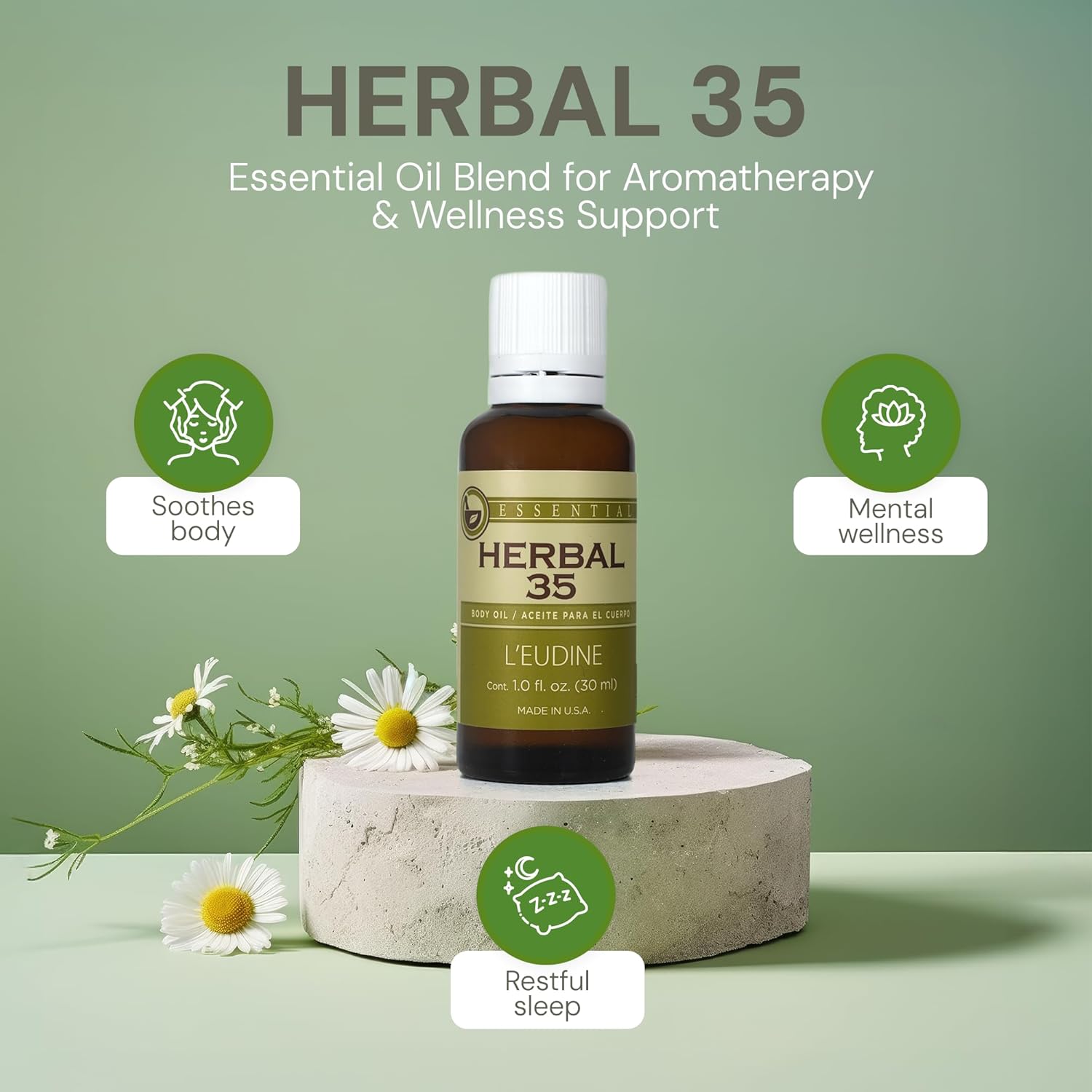 L’EUDINE Herbal 35 Essential Oil Blend - 35 Natural Extracts with Peppermint, Eucalyptus & Lavender - Relaxing Aromatherapy Oil for Diffuser, Massage & Stress Relief - Vegan & Pure Wellness, 1 Fl Oz