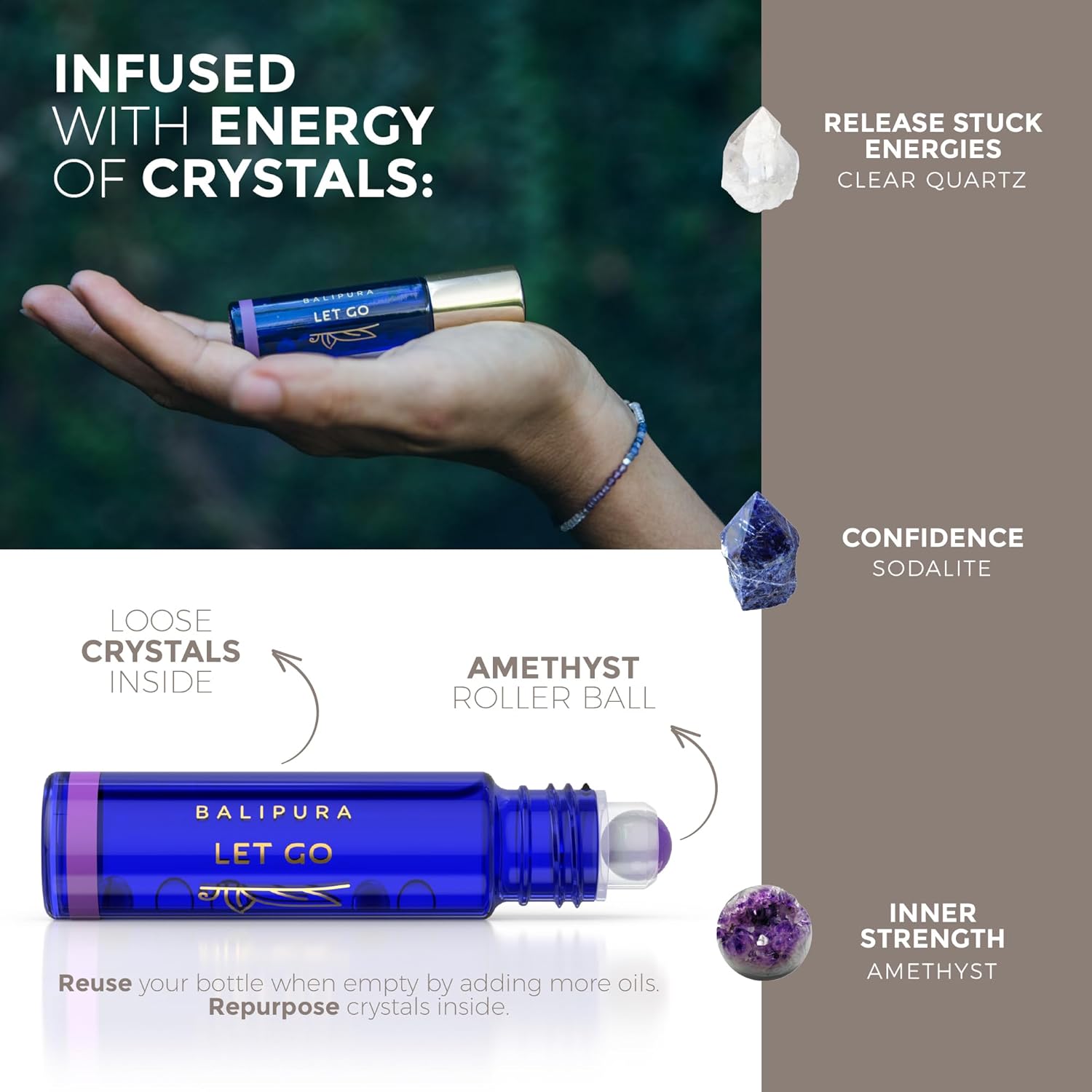 BALIPURA - Let Go Roll On with Cinnamon Essential Oil and Amethyst Crystals - Essential Oils Blends, Organic Essential Oils for Cleaning - Relaxation Gifts for Women