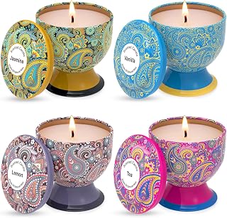 Aromatherapy Candle Stress Relief Gift Set, 4 Packs of 4 Ounces, 100% Soy, Long-Lasting, Suitable for Family fragrances, Holiday Decorations, Weddings (Lemon, Vanilla, Jasmine, Green Tea)