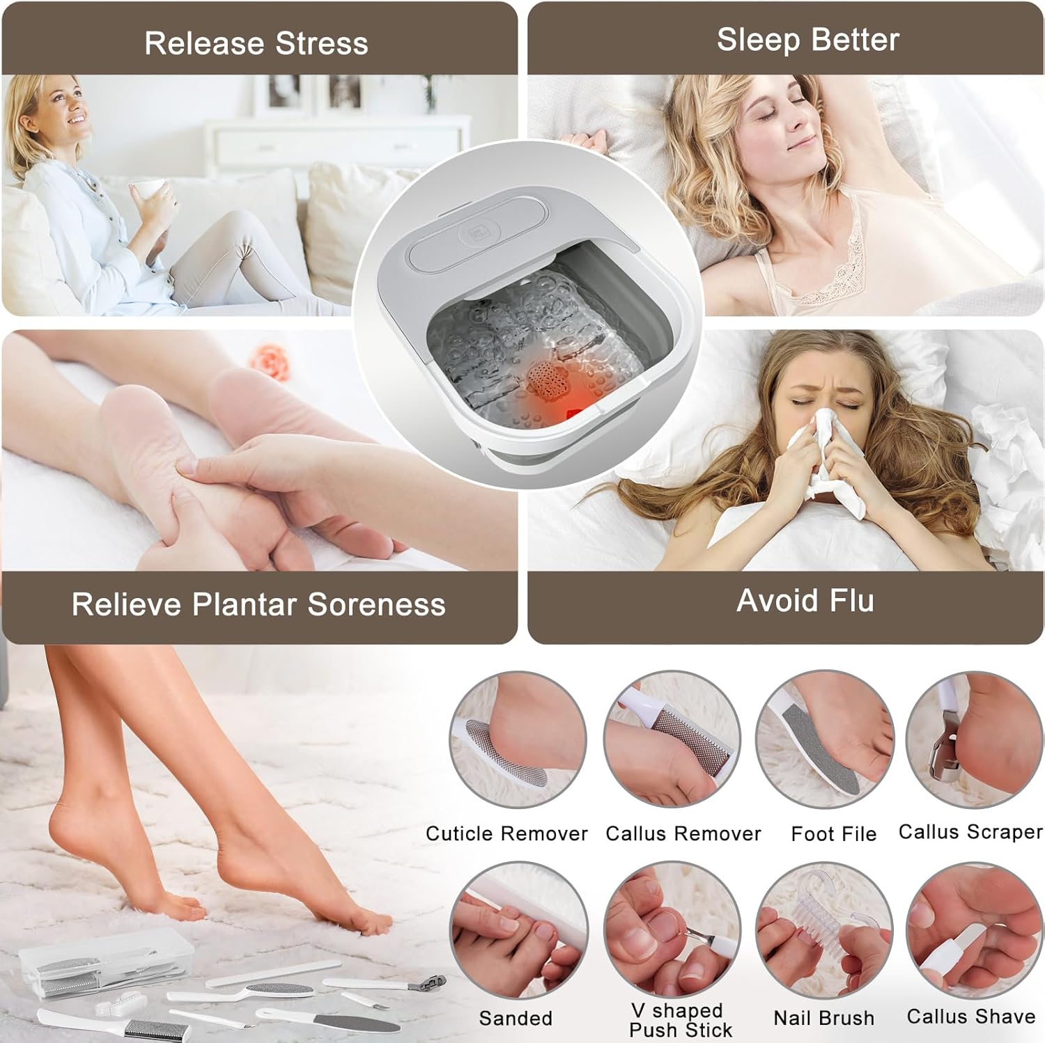 UNIFULL Collapsible Foot Spa Bath with Heat and Massage Rollers, Bubble, Foot Pedicure Kit, Temperature Control, Red Light, Pedicure Foot Spa, Foot Bath
