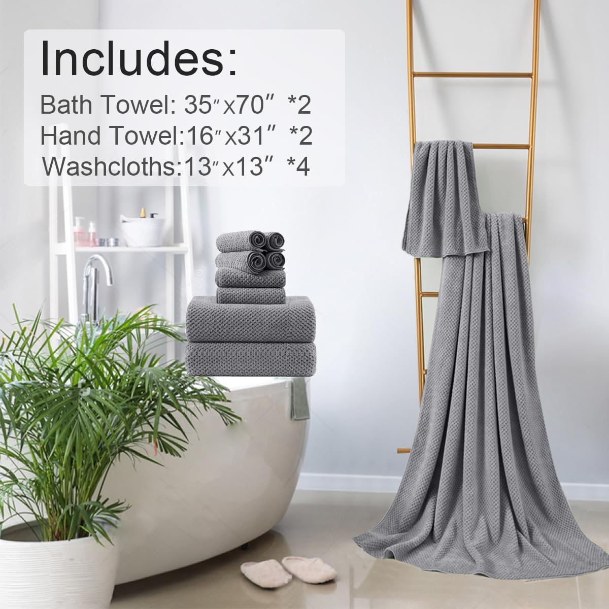 8-Piece Gray Bath Towels Set,2 Oversized Large Bath Towels Sheet,2 Hand Towels and 4 Washcloths - 600 GSM Soft Luxury Towel Set,Highly Absorbent Quick Dry Towel Collection for Bathroom,Hotel and Spa