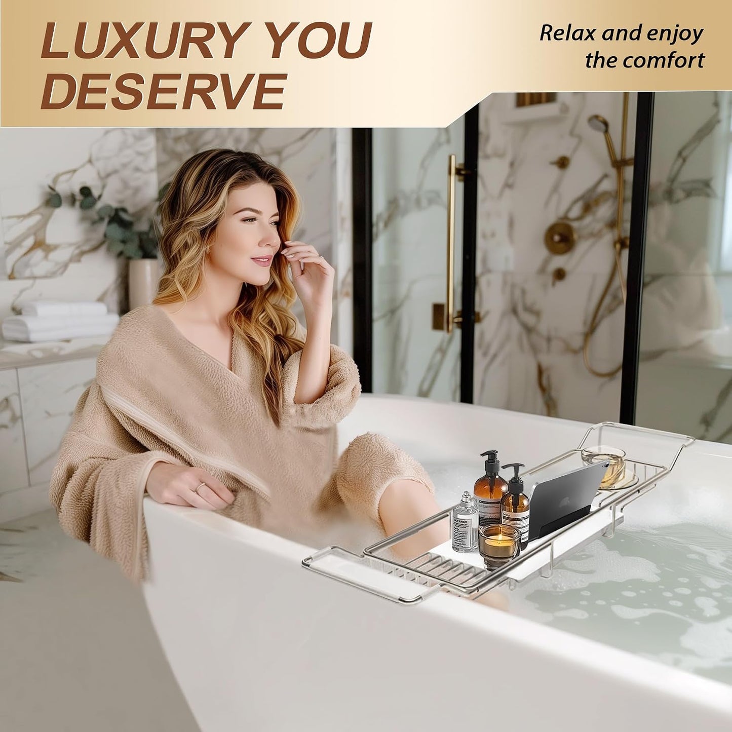 BVL Bathtub Tray Stainless Steel with Marble Base Chrome Bathtub Tray with White Marble Base Adjustable & Rustproof Bath Caddy for Spa, Relaxation, Bath Bombs