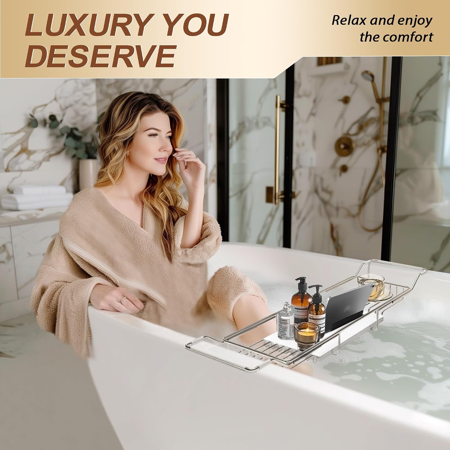 BVL Bathtub Tray Stainless Steel with Marble Base Chrome Bathtub Tray with White Marble Base Adjustable & Rustproof Bath Caddy for Spa, Relaxation, Bath Bombs