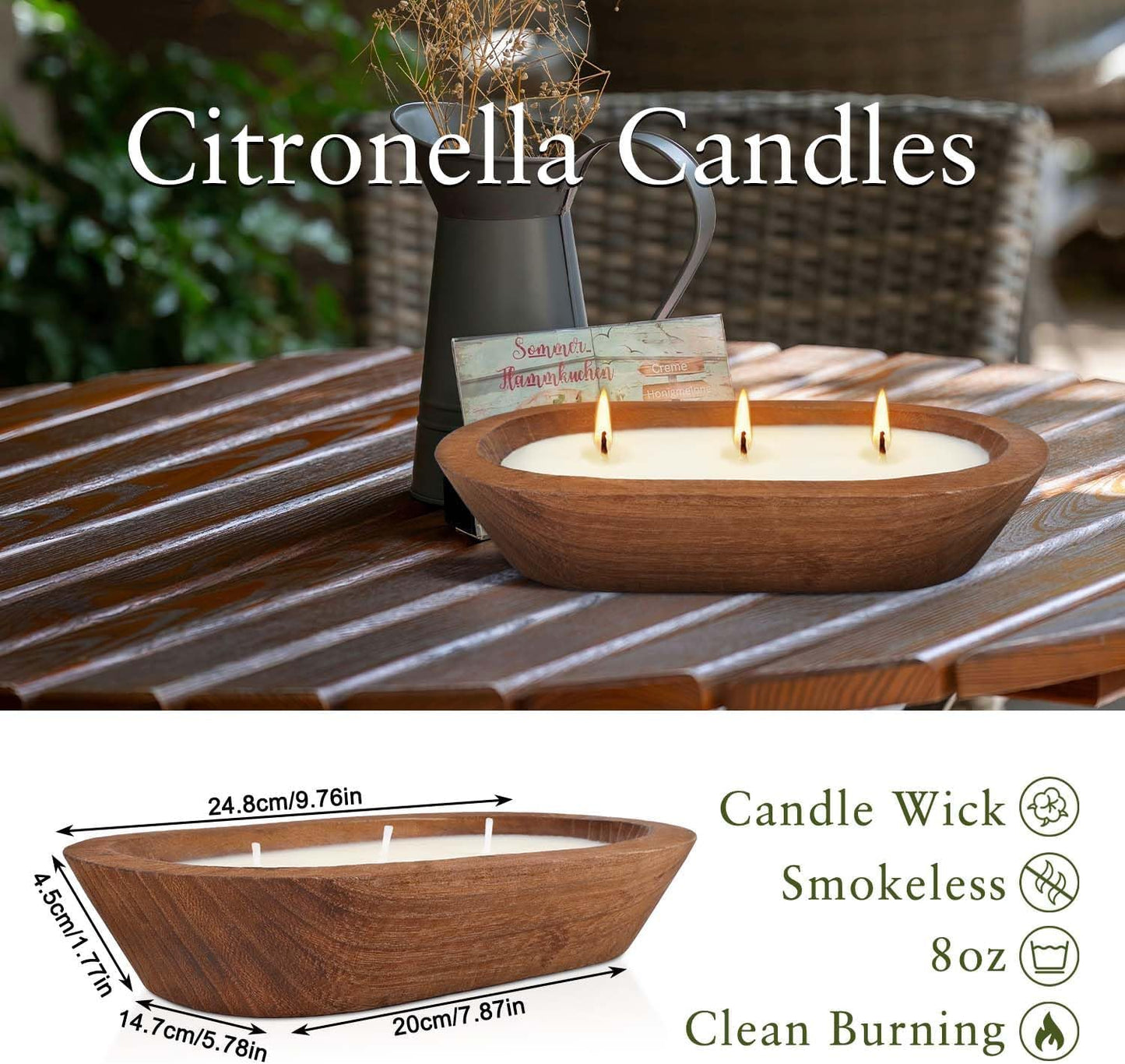 Citronella Scented 3-Wick Candle (8oz) Oval Wood Bowl Candle, Clean Burning & Smokeless, Decorative Soy Blend Candle for Home, Patio, Garden, Summer Gift.